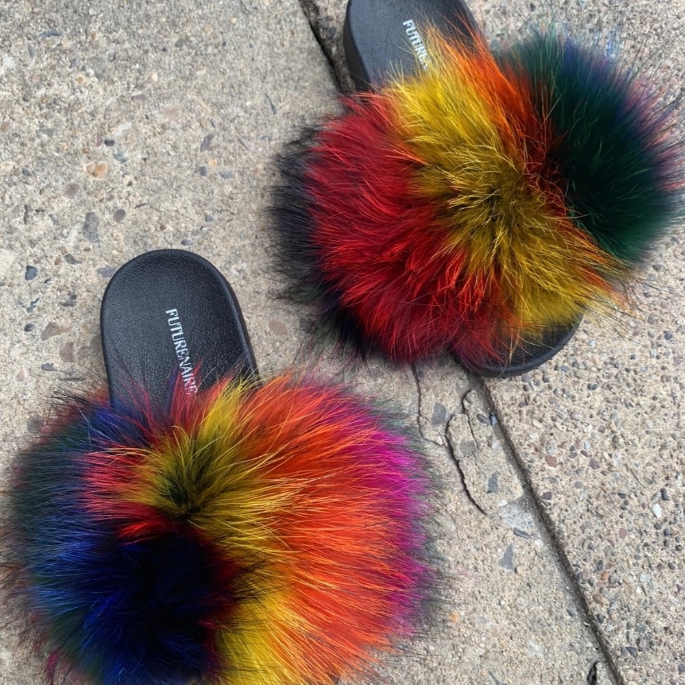 Multicolored Genuine Fur Slides - image 3